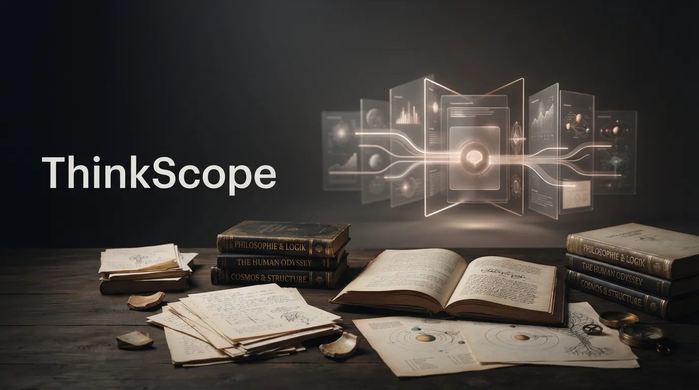 A dark desk with old books, notes and a floating panel of translucent screens, beside the word ThinkScope